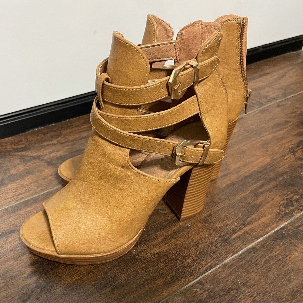 Brown open toe booties